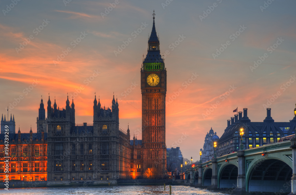London attractions Big Ben and Westminster Bridge landscape during a Winter sunset