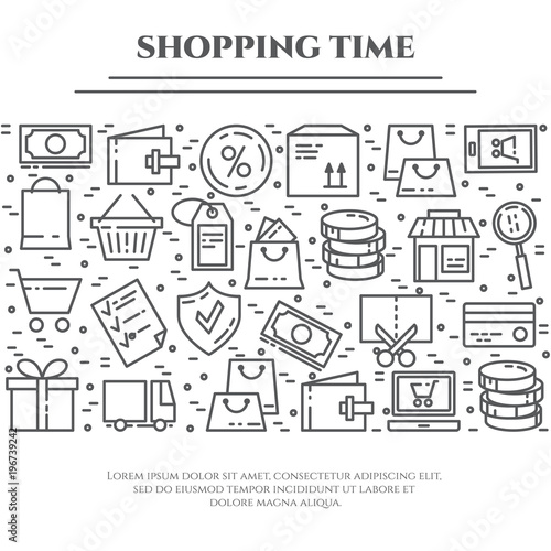 Shopping theme banner with horizontal rectangle consisting of line icons with editable stroke.