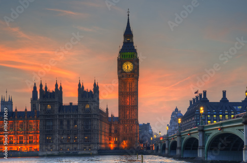 London attractions Big Ben and Westminster Bridge landscape during a Winter sunset