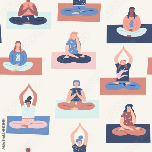 Women yoga class with interracial people doing breathing exercises seamless pattern in vector.