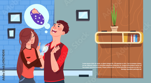 Happy Woman Showing Man Positive Pregnancy Test Young Family Planning Parenthood Flat Vector Illustration