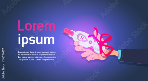 Hand Holding Positive Prenancy Test With Red Ribbon Bow Over Template Background Flat Vector Illustration