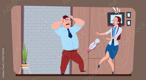 Woman Showing Stressful Man Positive Pregnancy Test Flat Vector Illustration