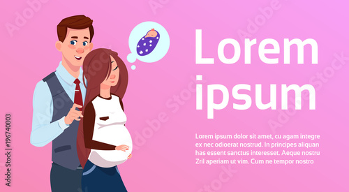 Young Parents Expecting Baby Man Embracing Pregnant Woman Over Background With Copy Space Flat Vector Illustration