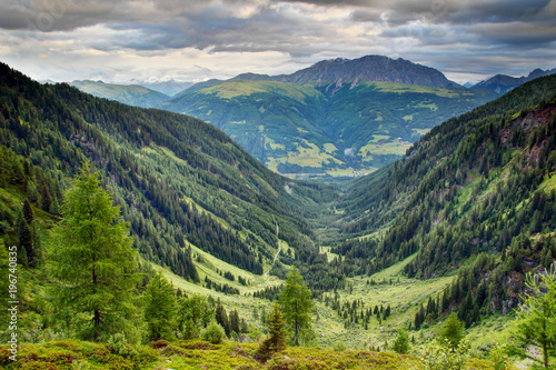 U-shaped valley with lush green forests and meadows in Karnische Alpen with Eggenkofel peak of Gailtaler Alpen Lienzer Dolomiten in cloudy morning, Untertilliach Lesachtal Osttirol Austria Europe © nogreenabove2k