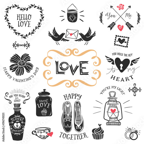 Vintage decorative love badges with lettering. Hand drawn vector design elements.
