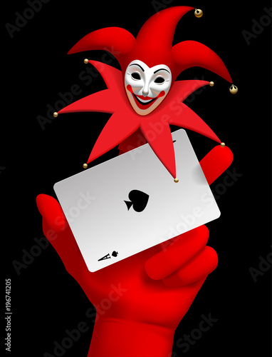 Human hand with a red smiled Joker head on the finger holding ace of Spades playing card isolated on the black background