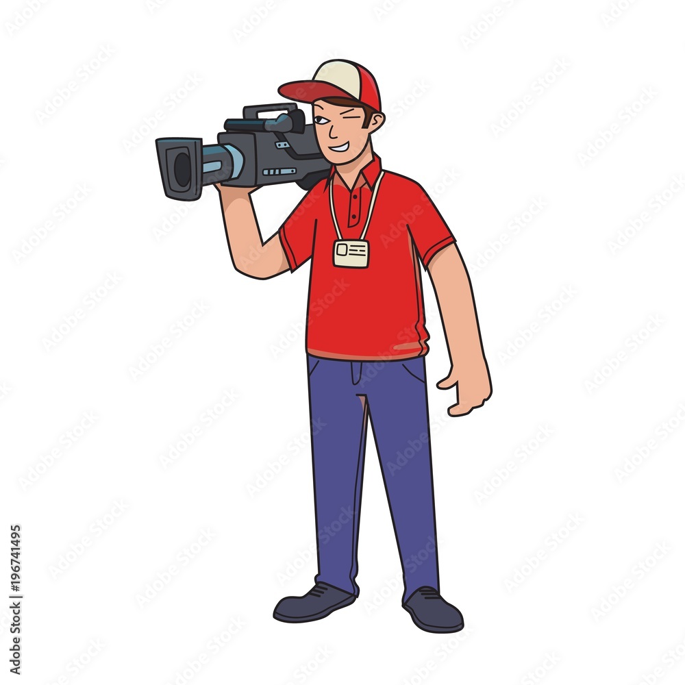 Cameraman, videographer. The man with the video camera. Cartoon vector  illustration, isolated on white background. Stock Vector | Adobe Stock