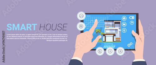 Smart Home Technology Banner With Hands Holding Digital Tablet Device With Control System Over Background With Copy Space Flat Vector Illustration