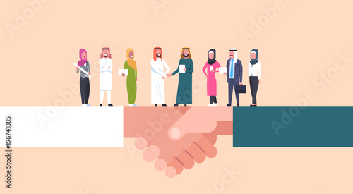 Arab Businessmen Shaking Hands With Team Of Muslim Businesspeople, Business Agreement And Partnership Concept Flat Vector Illustration