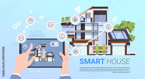 Smart Home Management Concept With Hands Holding Tablet Device Flat Vector Illustration