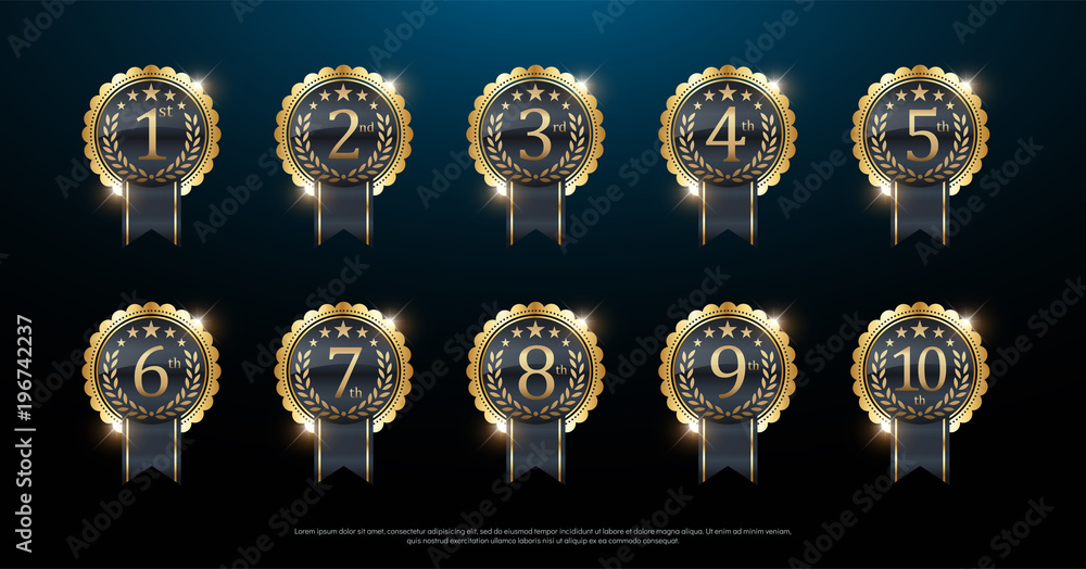 Award golden label of First, second and third winner. 1st, 2nd, 3rd, 4th, 5th, 6th, 7th, 8th, 9th, 10th. Vector illustration - obrazy, fototapety, plakaty 