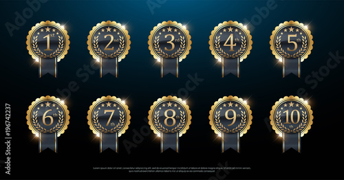 Award golden label of First, second and third winner. 1st, 2nd, 3rd, 4th, 5th, 6th, 7th, 8th, 9th, 10th. Vector illustration photo