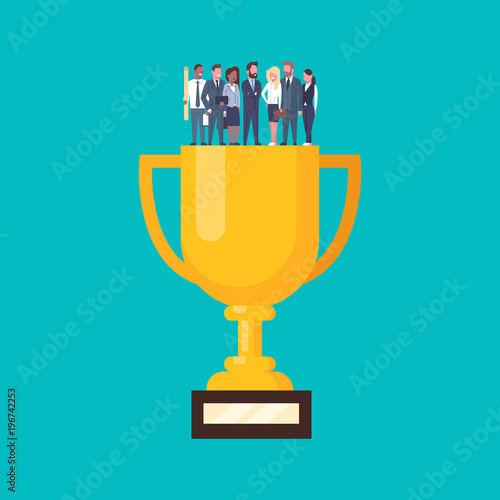 Group Of Successful Business People Standing At Golden Cup, Businesspeople Success Team Concept Flat Vector Illustration