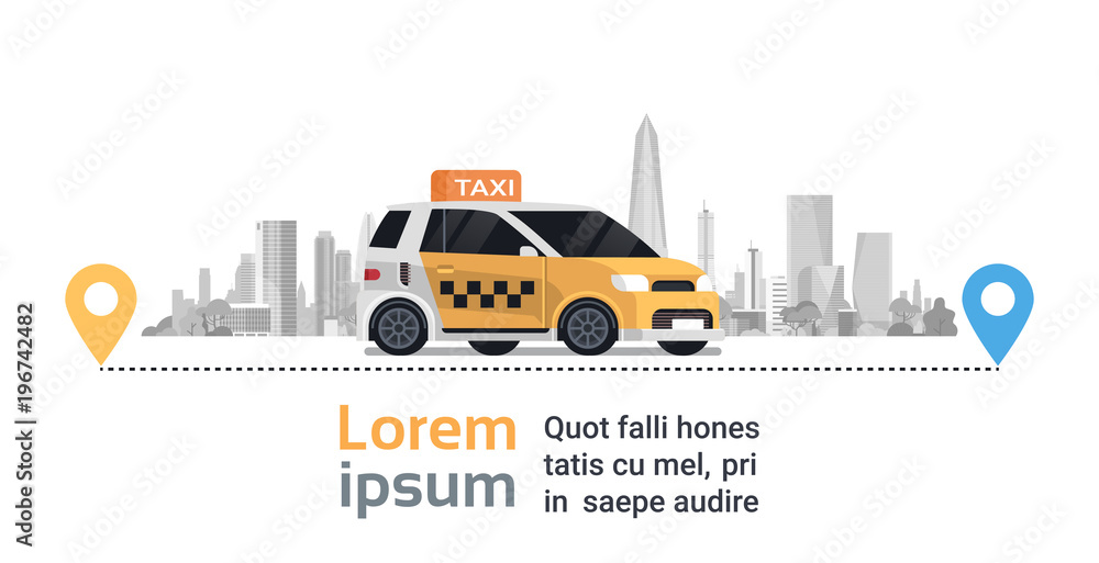 Taxi Service Order, Yellow Cab Car On Route With Gps Map Pointers Over Silhouette City Background Flat Vector Illustration