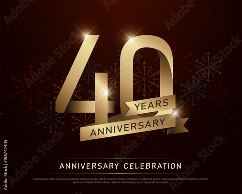 40th years anniversary celebration gold number and golden ribbons with fireworks on dark background. vector illustration