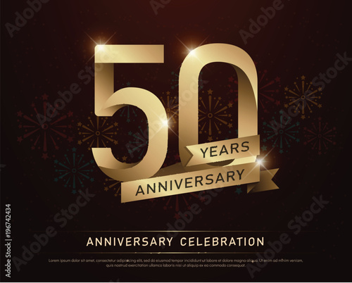 50th years anniversary celebration gold number and golden ribbons with fireworks on dark background. vector illustration