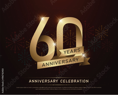 60th years anniversary celebration gold number and golden ribbons with fireworks on dark background. vector illustration