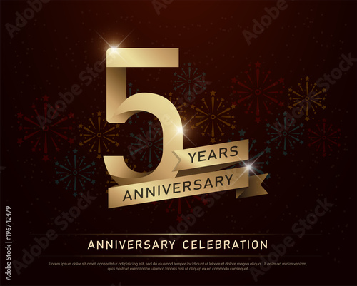 5th years anniversary celebration gold number and golden ribbons with fireworks on dark background. vector illustration
