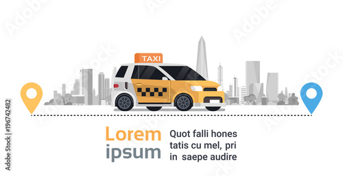 Taxi Service Order, Yellow Cab Car On Route With Gps Map Pointers Over Silhouette City Background Flat Vector Illustration