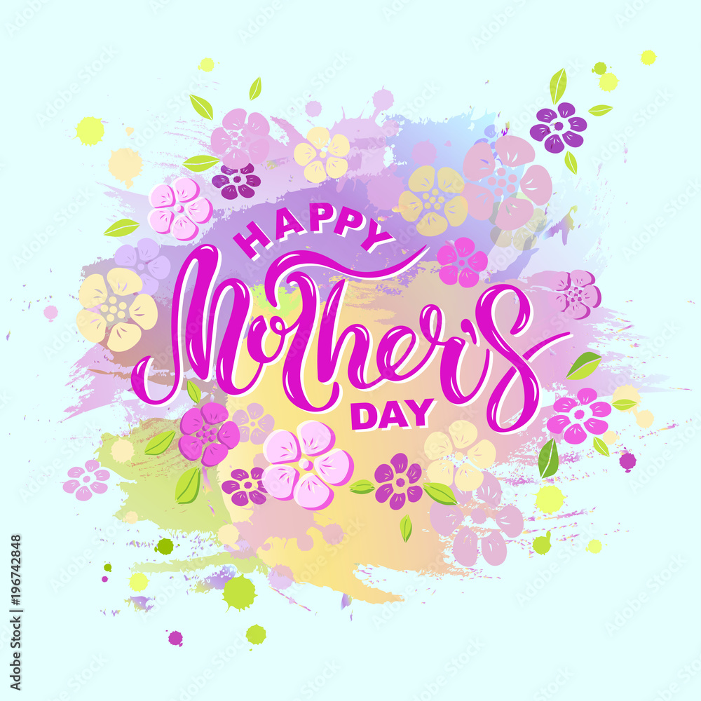 Happy Mother's Day text isolated on pastel color background. Hand drawn lettering as Mother's day logo, badge, icon. Template for Happy Mother's day, invitation, greeting card, web, postcard.