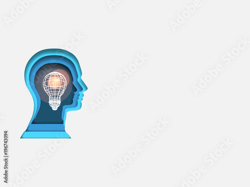Curvilinear form of human brain containing wireframe lightbulb. Volumetric multilevel cut from a paper of a profile of person. Business concept. Creative idea. Technology background. 