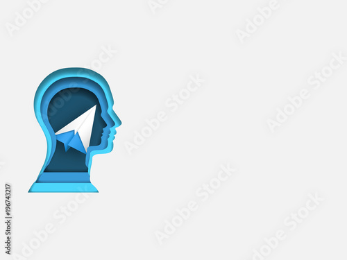 Curvilinear form of human brain containing digits. Volumetric multilevel cut from a paper of human head. Business concept of travelling. Creative idea. Technology background.