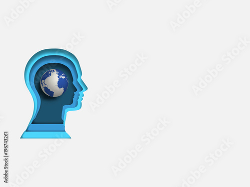 Curvilinear form of human brain containing the earth. Volumetric multilevel cut from a paper of human head. Business concept of travelling. Creative idea. Technology background. 