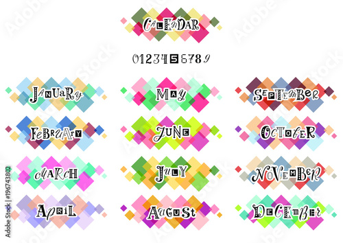 Hand drawn lettering of months of the year and numbers in black with white outlines on colorful background with squares isolated for calendar, decoration, planner, sticker, diary, notebook