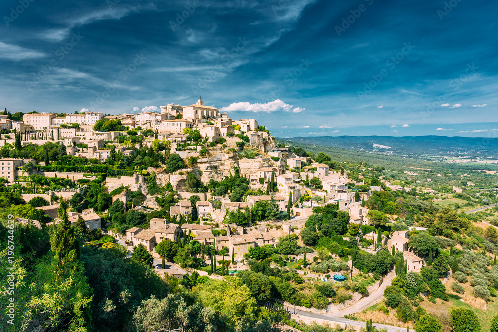 Gordes, Provence, France. Beautiful Scenic View Of Medieval Hilltop Village Of Gordes.