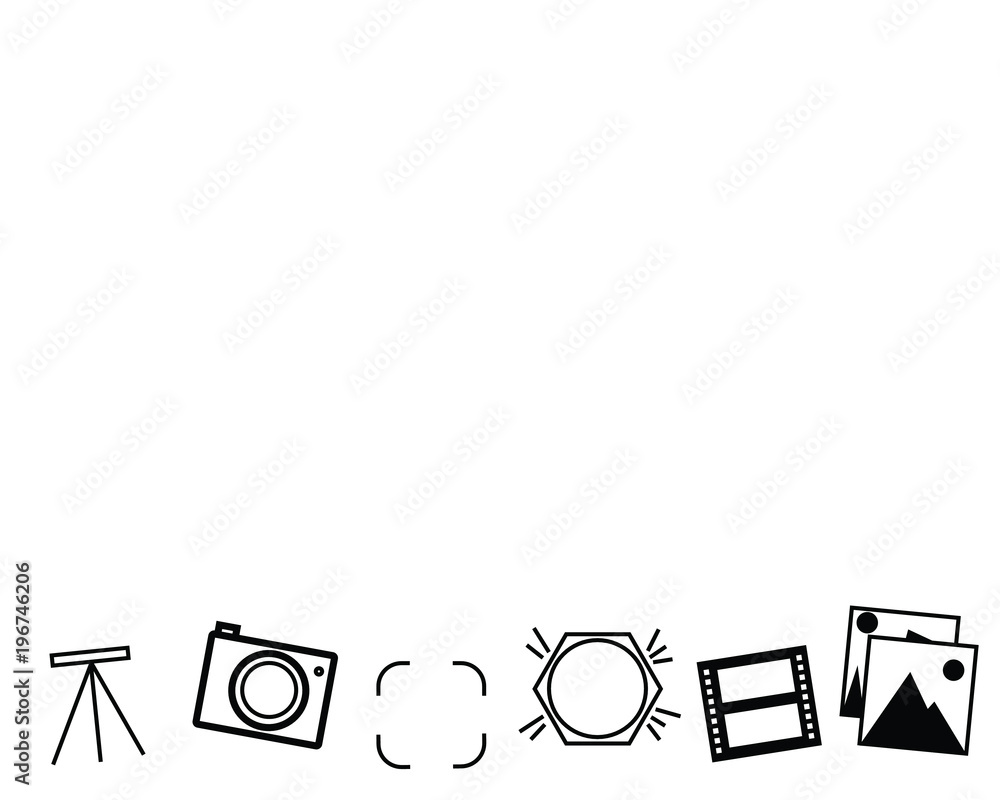 Black set of photography related icons, camera, tripod, frame, flash, film and pictures, space for text Black set of photography related icons, camera, tripod, frame, flash, film and pictures, space for text