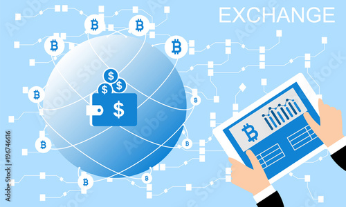 Block chain vector background illustration with notebook and icons.