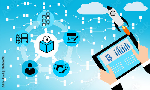 Block chain vector background illustration with notebook and icons.