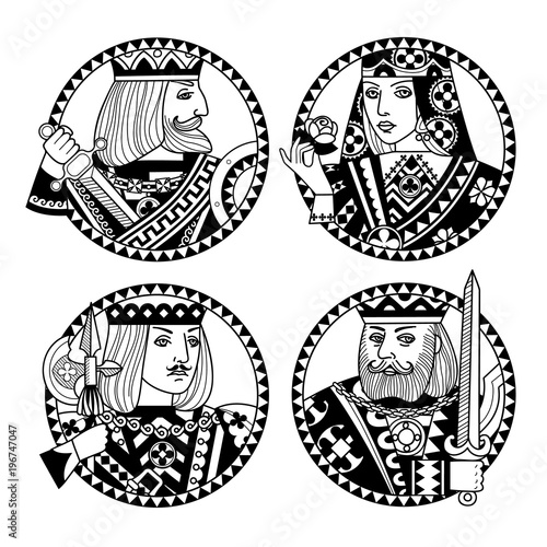 Round shapes with faces of playing cards characters in black and white colors