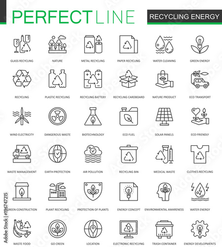 Recycling energy thin line web icons set. Renewable energy, green technology outline stroke icons design.
