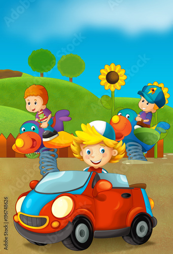 cartoon scene with happy and funny kids on the playground and in the car - illustration for children