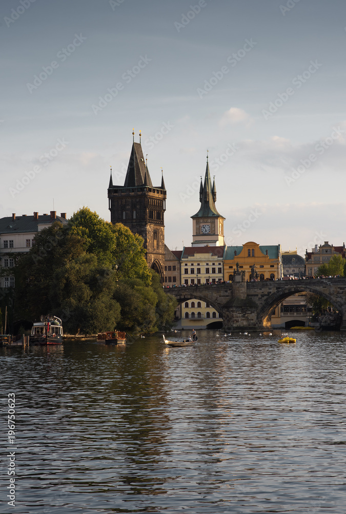 Prague's historical center, photo from the river. Embankment and the building of the European city