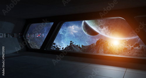 Fototapeta Naklejka Na Ścianę i Meble -  Spaceship futuristic interior with view on exoplanet