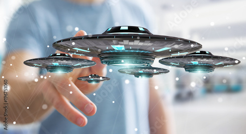 Fototapeta Naklejka Na Ścianę i Meble -  Businessman with retro UFO spaceship 3D rendering