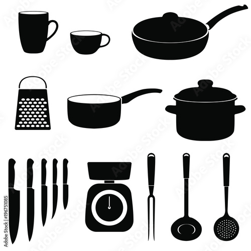 Set of icons of kitchen utensils. Black silhouettes on a white background.