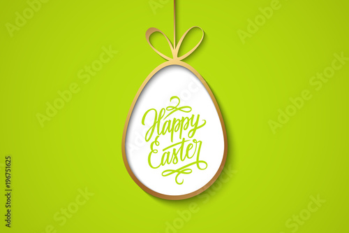 Easter celebrate banner with golden easter egg and handwritten holiday wishes of a Happy Easter on green background. Vector illustration.