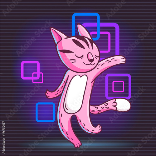 Vector hand drawn illustration of funny dancing cat on disco party. Cute animal character with neon lights on background.
