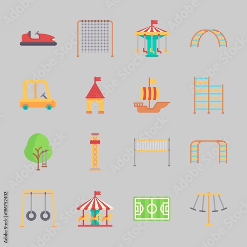 Icons about Amusement Park with swing , fun, climbing, sailing boat, climb  and soccer field