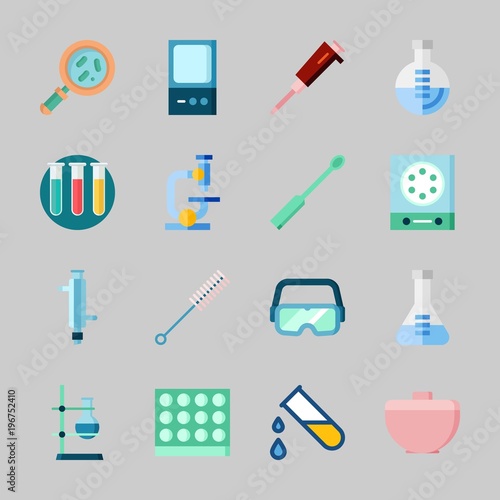 Icons about Laboratory with ladle, flask, secure glasses, trough, loupe and condenser