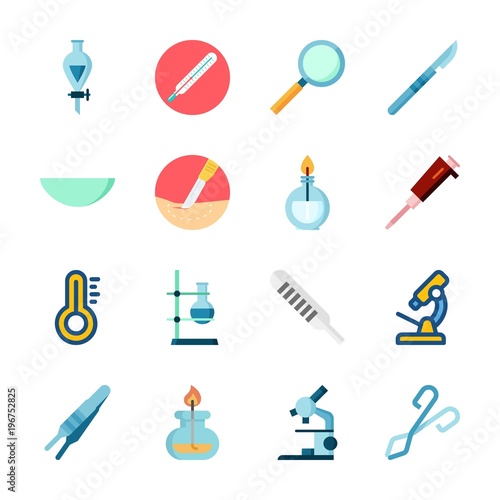 icon Laboratory with funnel, loupe, separator funnel, microscope and condenser