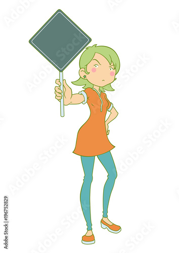 Cartoon illustration of girl holding protest banner.