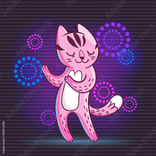 Vector hand drawn illustration of funny dancing cat on disco party. Cute animal character with neon lights on background.