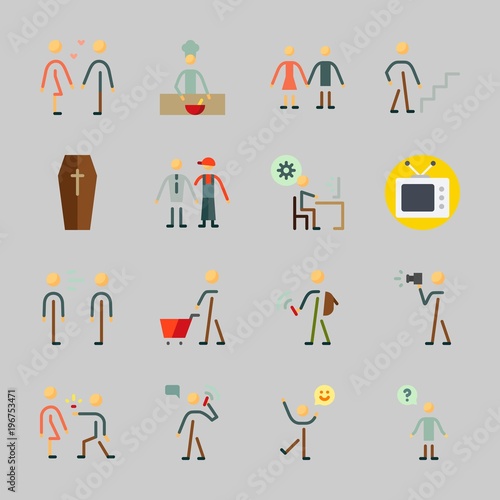 Icons about Human with frienship, photographer, boyfriend , stairs, happiness and programmer