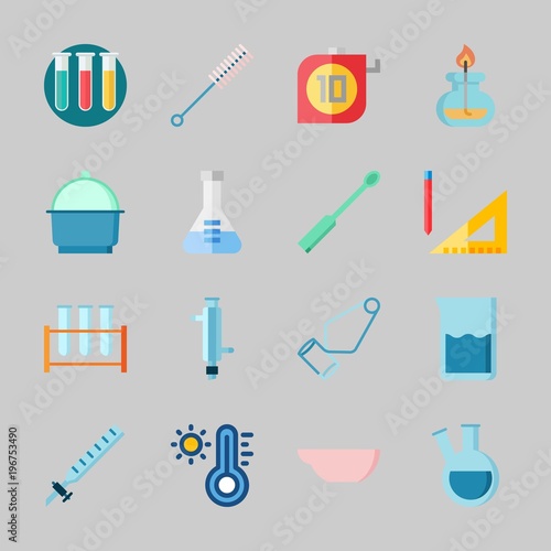 Icons about Laboratory with ladle, lab, measuring, flask, separator funnel and condenser