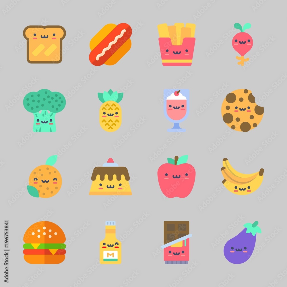 Icons about Food with pudding, chocolate, hamburger, eggplant, apple and orange
